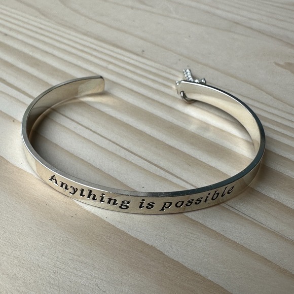 VTG 90s Anything is Possible Cuff Bracelet Size 7 Adj w Cross Charm Silver Tone - Picture 1 of 7